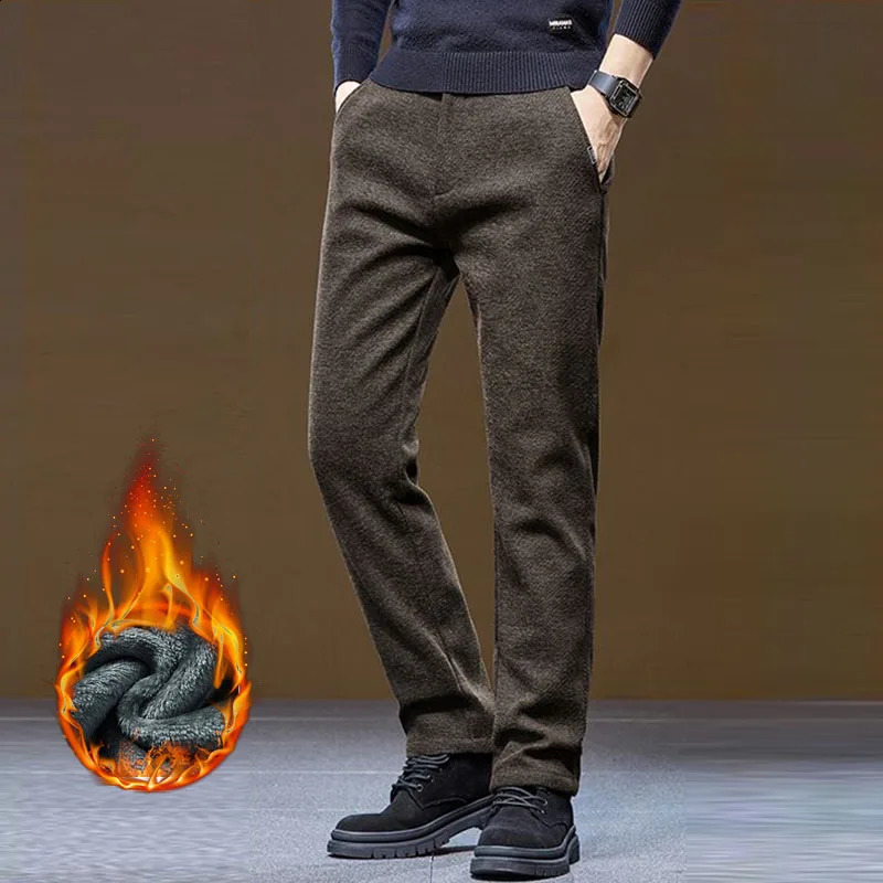 Winter Fleece Thick Casual Pants Mens Business Slim Fit Versatile Classic Trousers Medium Elasticity Formal Wear Wash 251027