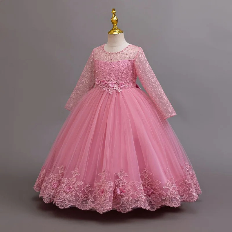 Childrens Embroidered Party Evening Dress 312 Years Old Lace Long Sleeve White Wedding Long Princess Dress for Girls 251023