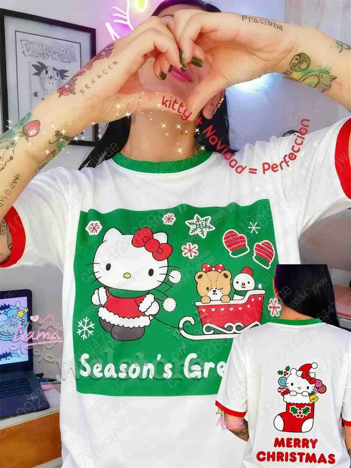 Sanrio 2026 New HelloKitty Christmas Party Clothing Round Neck Casual Comfortable Fashion Short Sleeve Womens Tshirt Y2K Top L251028