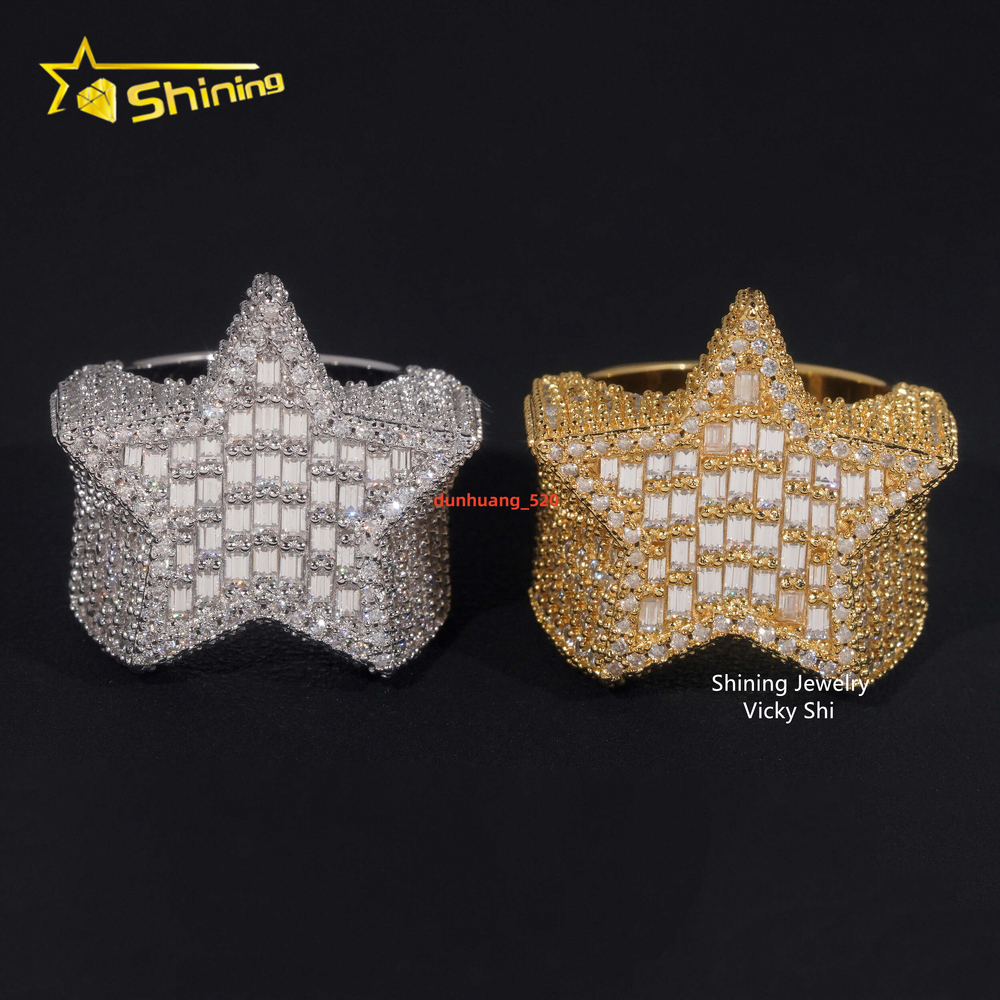 New Arrival Moissanite Hip Hop Men Ring Sterling Silver 925 Gold Plated Iced Out Baguette Moissanite Star Ring