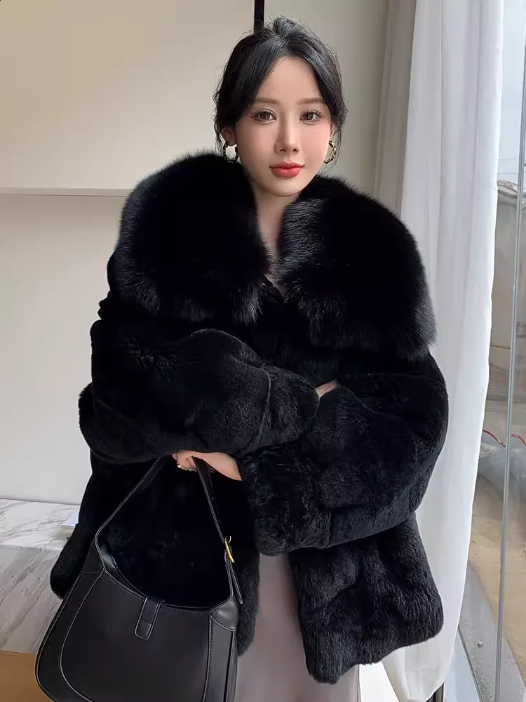 Womens Long Rex Rabbit Fur Coat Natural Full Pelt Jacket with Real Fox Fur Collar Fashionable Winter Outerwear 251027