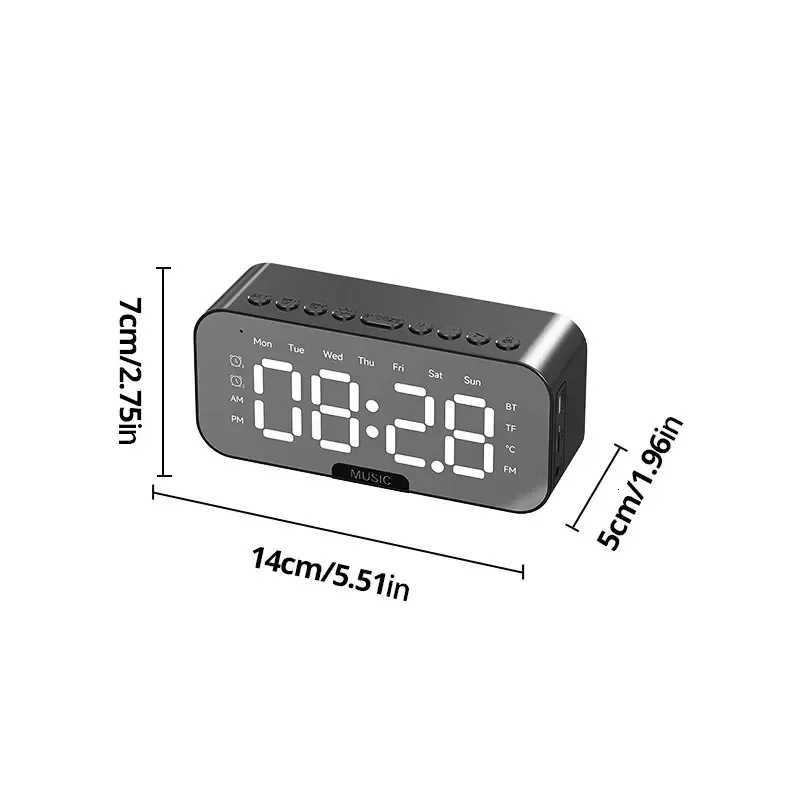 1pc LED Digital Alarm Clock with Bluetooth Speaker Mirror Bedroom Office Decor Table Screen Temperature FM Radio D251028