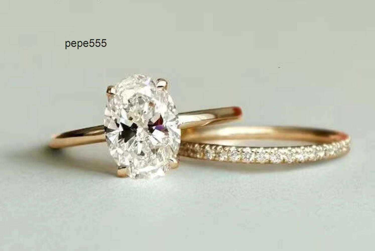 FOXI 2 Ct Oval Cut Moissanite Wedding 14k Gold Plated Bridal Engagement Set Art Deco Matching Stacked Bands Ring