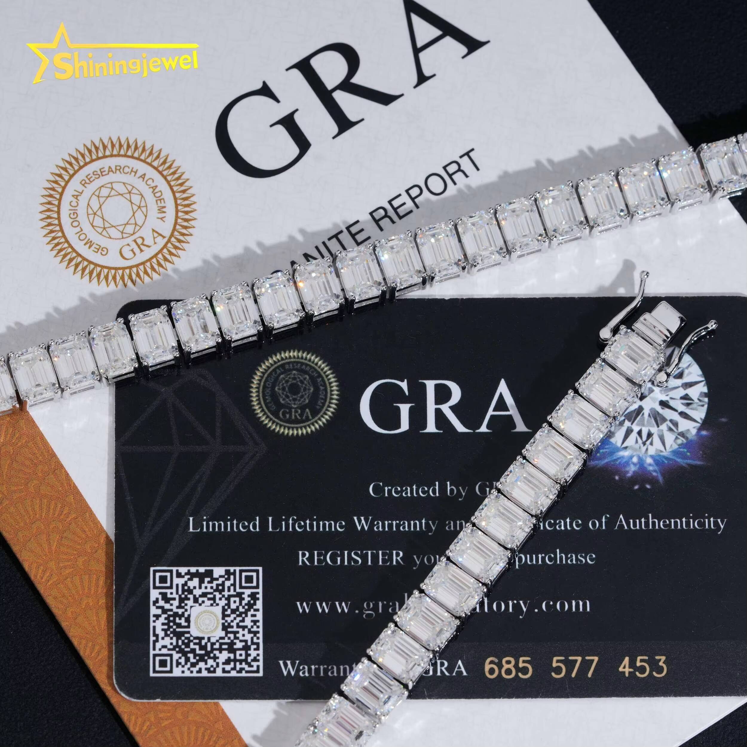 Luxury Fashion Fine Jewelry GRA Certificate 925 Silver Emerald Cut 57mm Moissanite Diamond Tennis Chain Bracelet