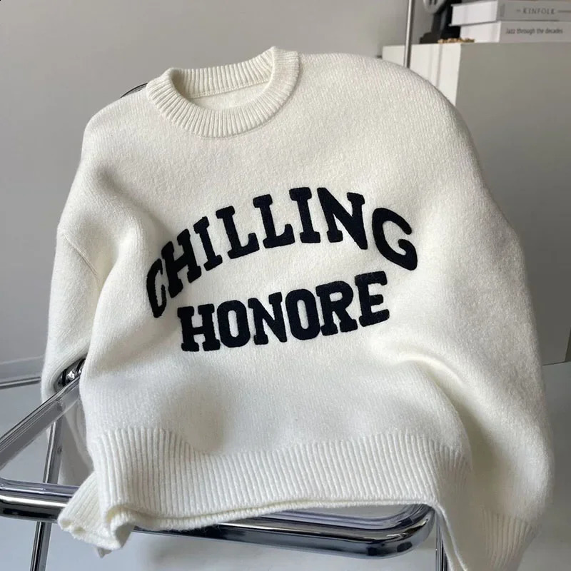 Lucyever Black White Women Sweater Pullover Korean Fashion Letter Embroidery Knitted Jumper Fall Winter Thick Warm Soft Sweaters 251027