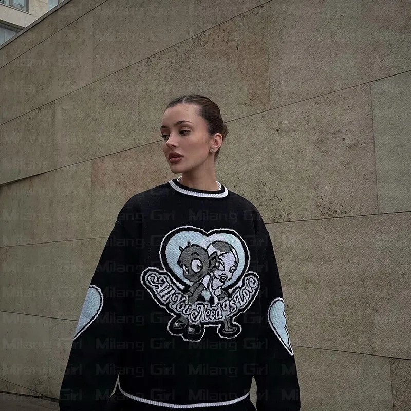 Oversize Sweater Women Y2k letter graphics Tops Long Sleeve Jumper Knitted Autumn Korean Goth Grunge Harajuku Pullover Clothing 251027