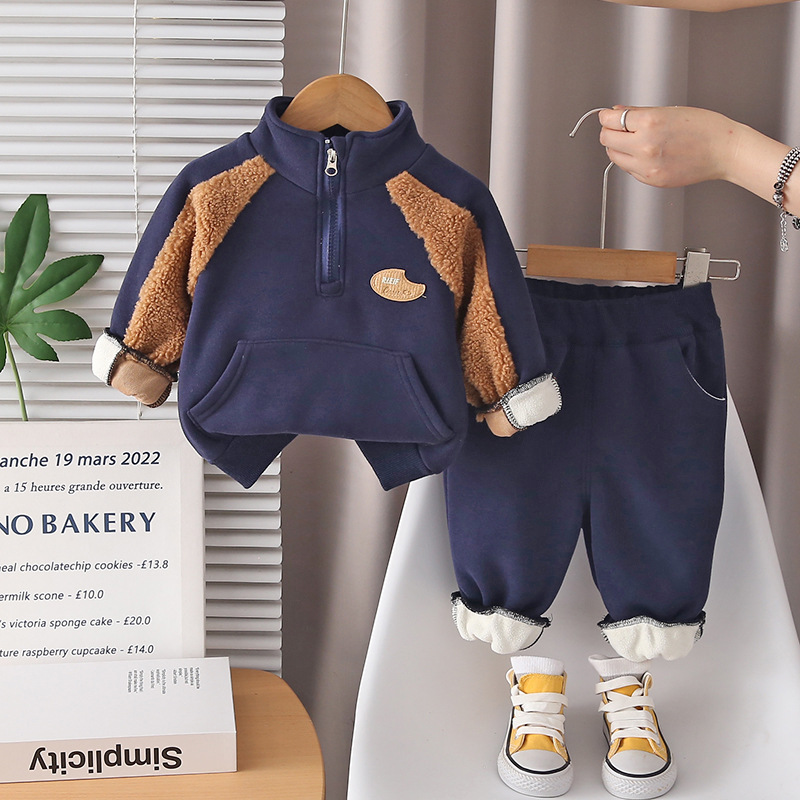 Free Shipping 2025 Boys Winter 2-Piece Set, Fleece-Lined Half-Zip Hoodie Outfit, Fashion Thermal Clothing for Toddler Boys