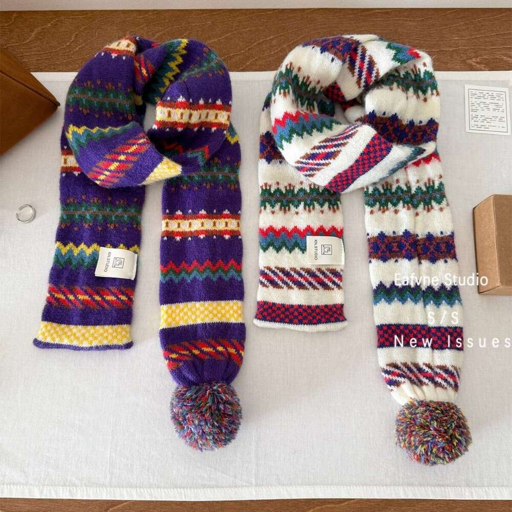 Vintage Dreamy Purple Retro Striped Pom-Pom Scarf Short Autumn Winter Warm Neck Warmer for Women Jacquard