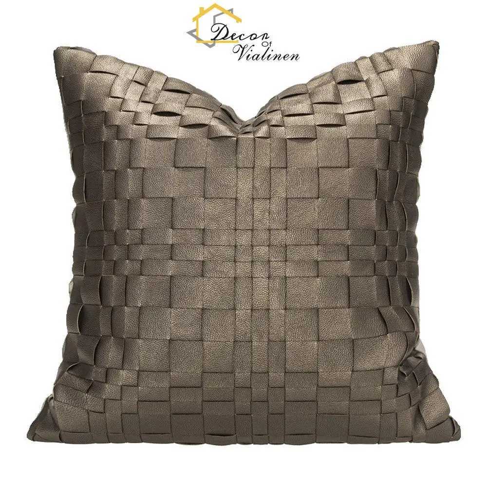 Pillow Case Modern Light Luxury Model Room Premium Metallic Grey Coffee Leather Weaving case Sofa Cushion Bag C251028