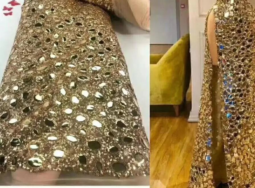 Plus Size Arabic Aso Ebi Gold Sequined Sexy Prom Dresses Long Sleeves High Split Evening Formal Party Second Reception Gowns Dress