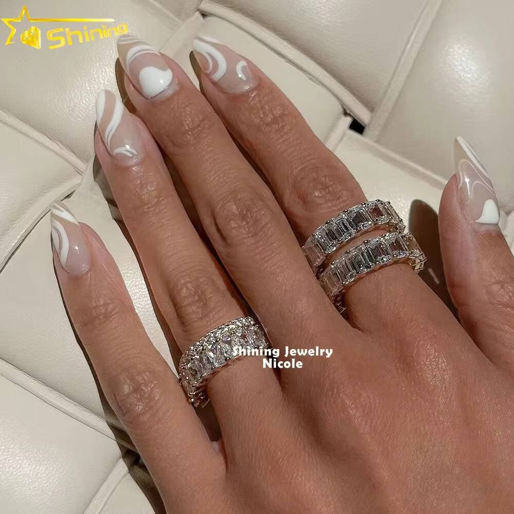 18k Gold Plated Engagement Moissanite Band Radiant Emerald Princess Cut Eternity Rings for Women