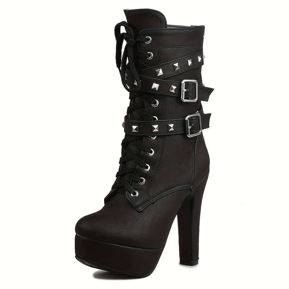 Decorative Boots| Stylish Women's Mid-Calf Platform With Lace-Up Closure, Sexy Round Toe, And Buckle Straps - Black PU Cover Heels For Fashionabl