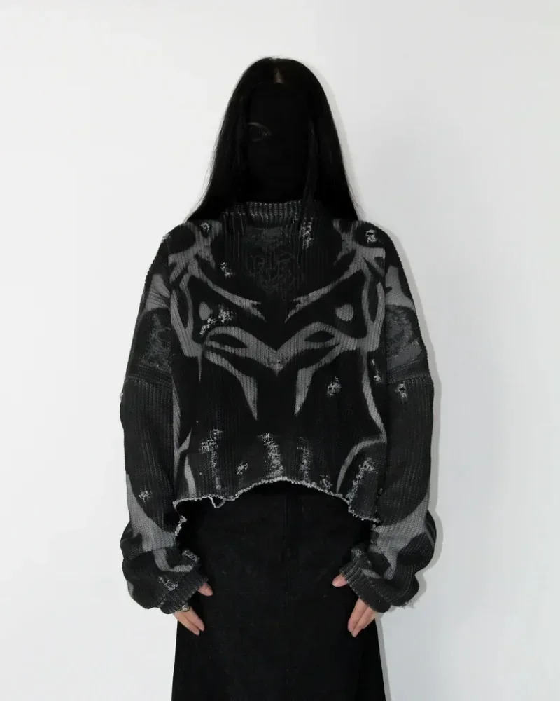 Black Gothic Print Pullover Long Sleeve Knitted Sweater Men and Women Y2k Harajuku Striped Tear High Street Punk Slim Sweaters 251023