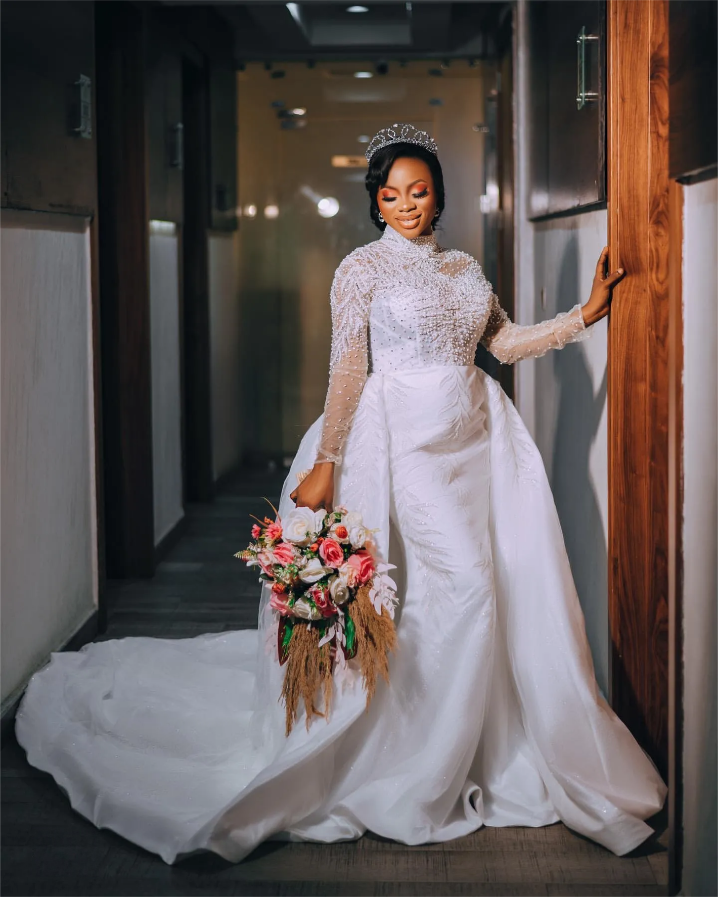 Arabic Aso Ebi Plus Size Mermaid Wedding Dress in Ivory with Lace Full Sleeves Pearls Crystals and Detachable Train