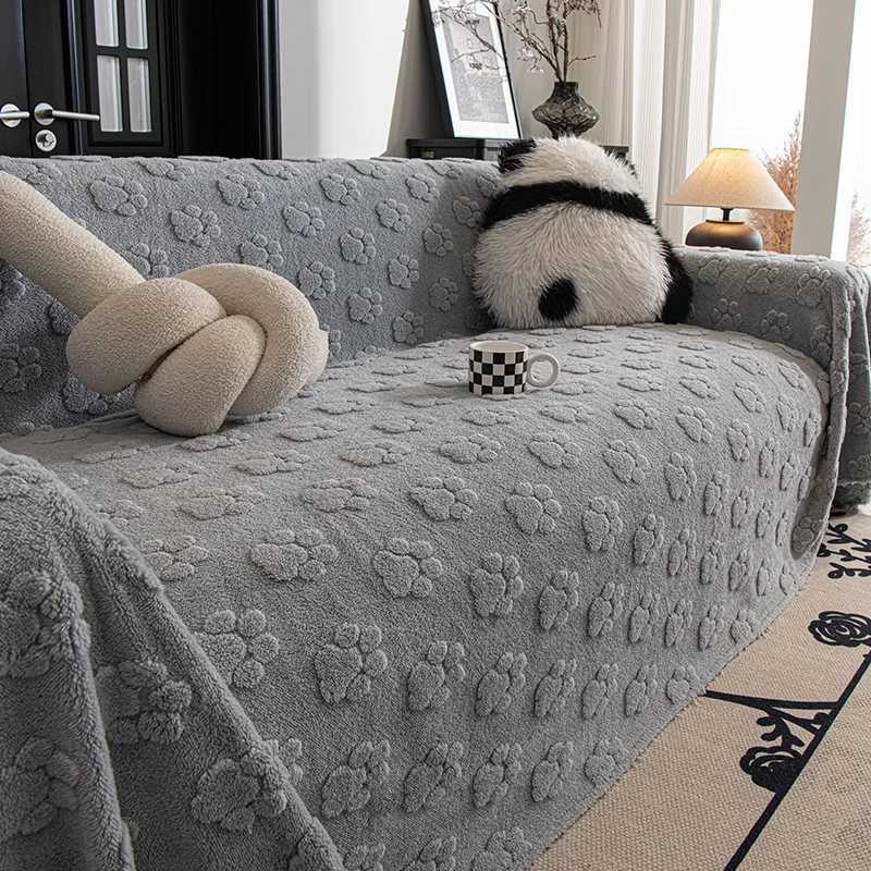 Cute Cat Paw Jacquard Sofa Towel Lovely Solid Color Plush Keep Warm Couch Slipcover AllInclusive Recliner Cover for Living Room C251028