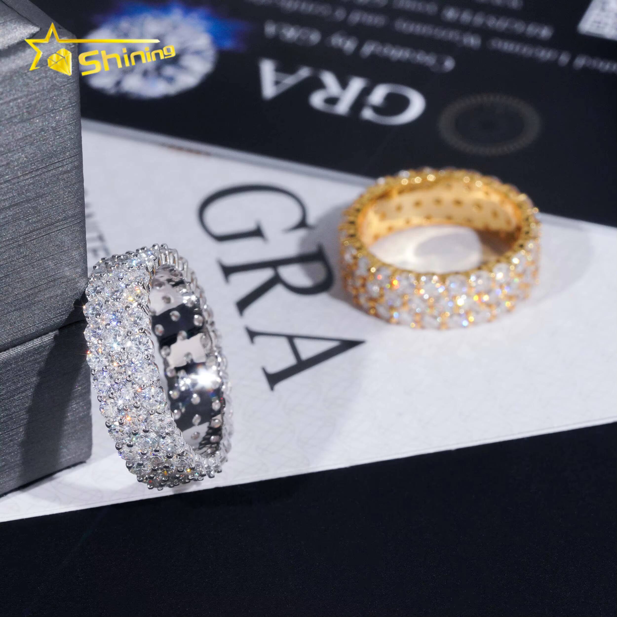 Fine Jewelry Men Hip Hop Ring Pass Diamond Tester 925 Silver Gold Plated 3 Rows VVS Iced Out Moissanite Diamond Ring