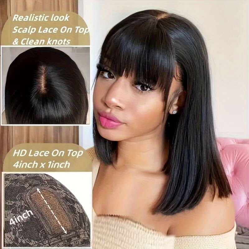 180% 4X1 HD Lace Short Straight Human Hair Glueless Wig Natural Color With Bangs Brazilian Remy Put On Go Bob Wigs For Women