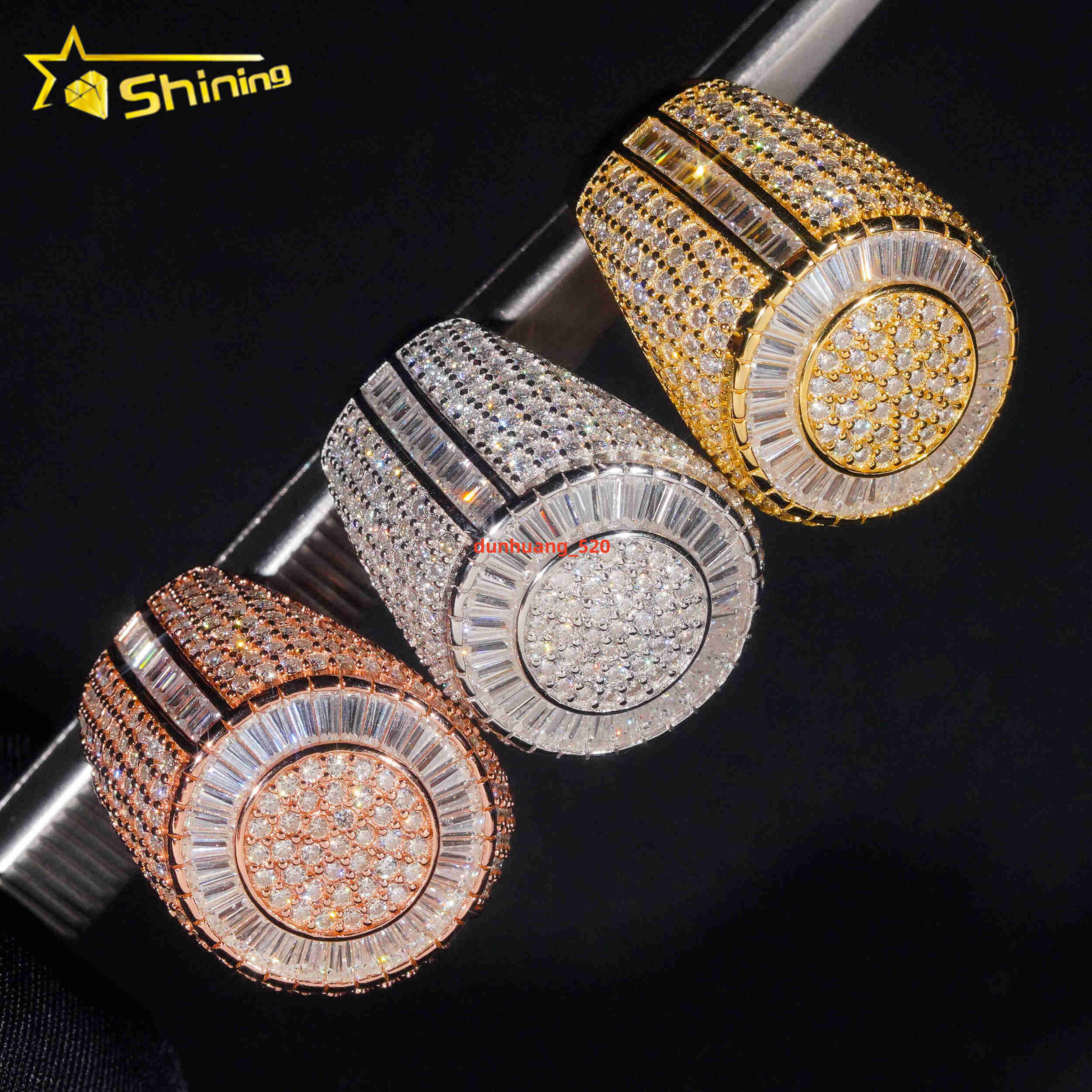 Ready to Ship New Arrival Iced Out Baguette Moissanite Diamond 925 Silver Gold Plated Hip Hop Rings for Men
