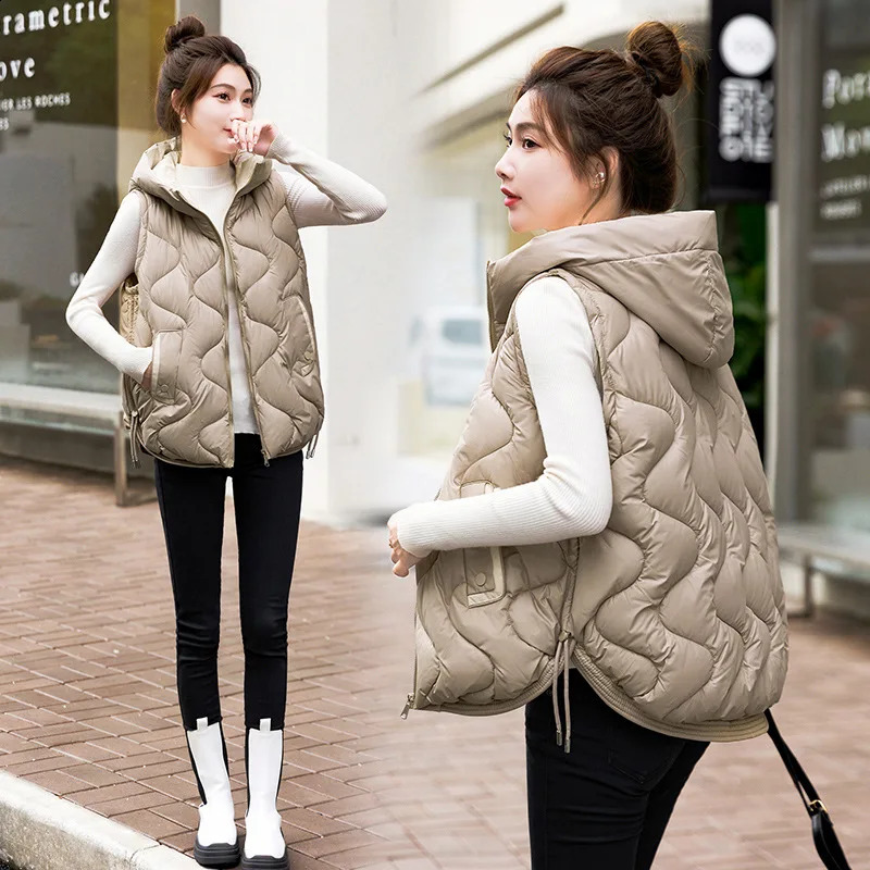 2025 Autumn Winter Warm Waistcoat Ladies Sleeveless Hooded Down Cotton Coat Women Outerwear Casual Puffer Vest Student Jacket 251027