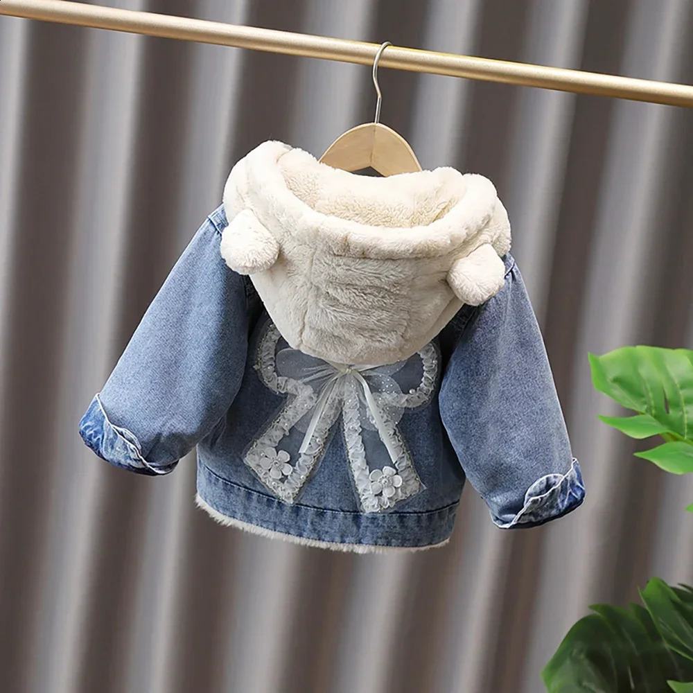28 YThick Warm Kids Girls Denim Coat Velvet Fur Hooded Jackets Floral Bow n Outerwear 2025 Winter Children Overcoat 251027