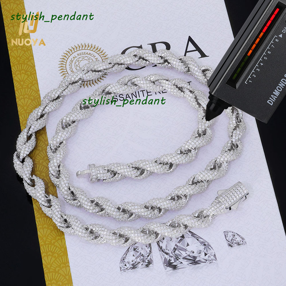 Hip Hop Jewelry Full Iced Out Moissanite Rope Chain Necklace 810mm 925 Sterling Silver Diamond Twisted Rope Chain for Men