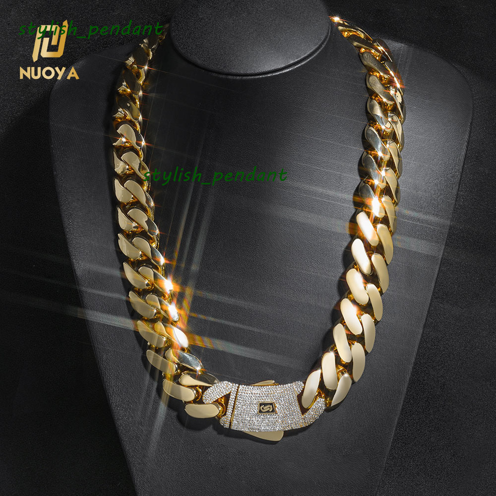 14K Gold Plated Thick Solid Cuban Link Chain Hip Hop Jewelry Iced Diamond Clasp Flat Miami Cuban Link Necklace for Men