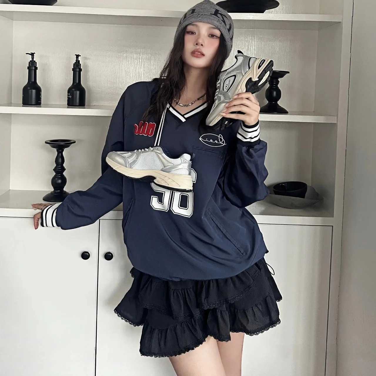 Korea NIEEH Hoodie Jacket Womens VNeck American Style Oversized Casual Couples Top New Arrival J251028