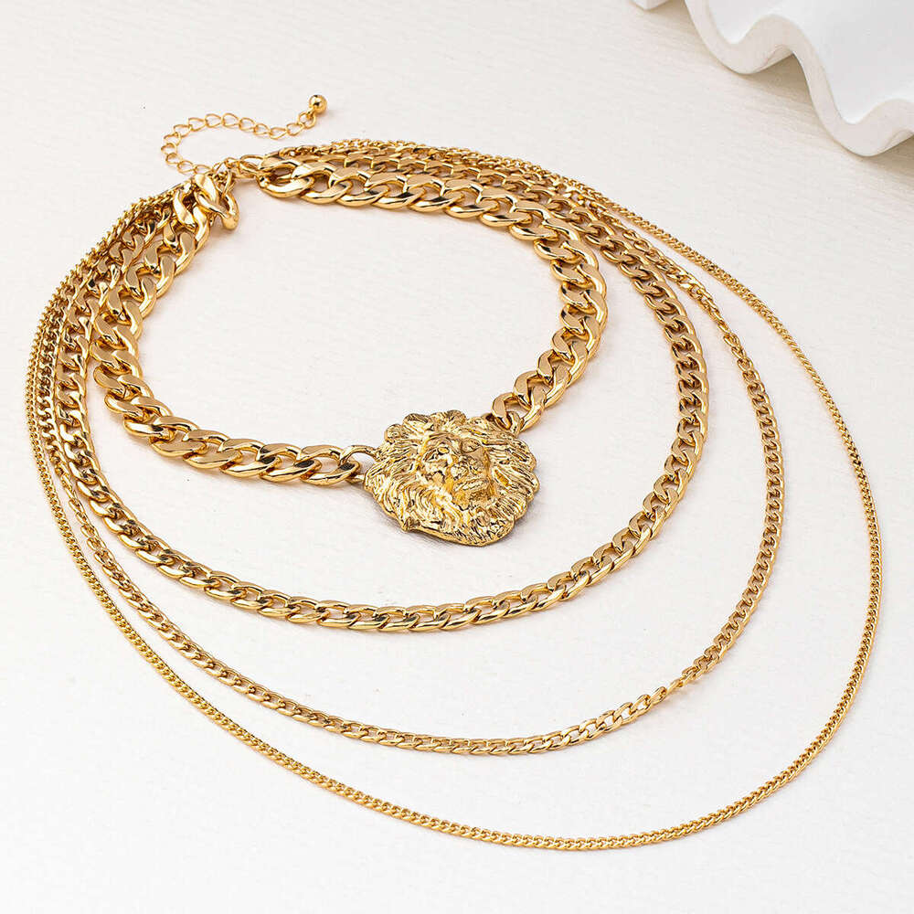 Fashionable Women's Lion Head Hip-Hop Multi-Layer Punk Necklace Suitable for Parties and Music Festivals Without Gift Box