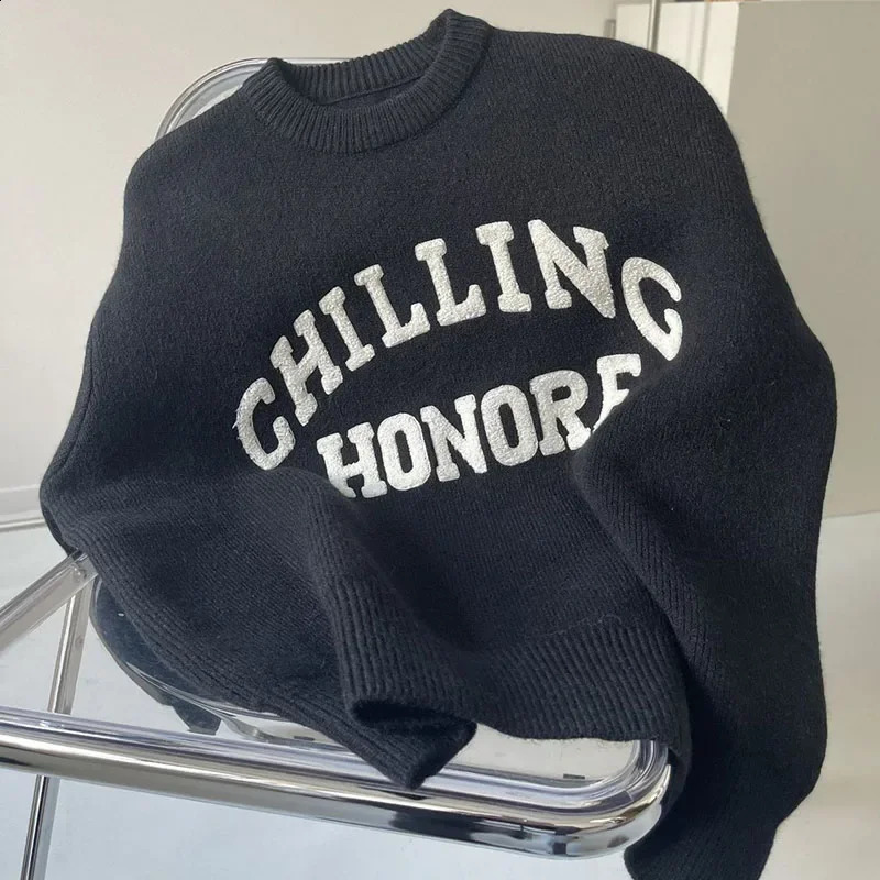 Lucyever Black White Women Sweater Pullover Korean Fashion Letter Embroidery Knitted Jumper Fall Winter Thick Warm Soft Sweaters 251027