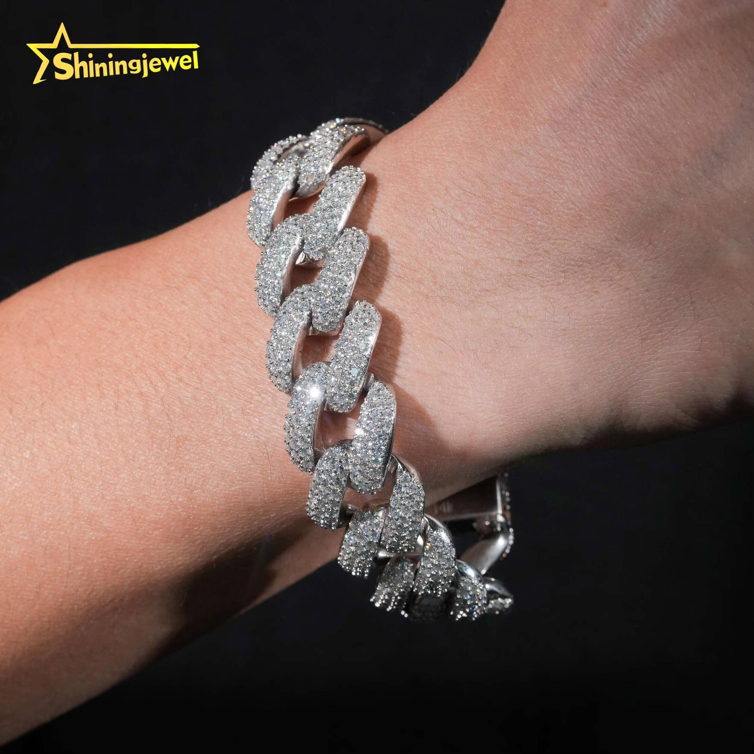 925 Silver Hip Hop Bling Moissanite Cuban Link Bracelet with Iced Out Charms Chain for Streetwear Brands