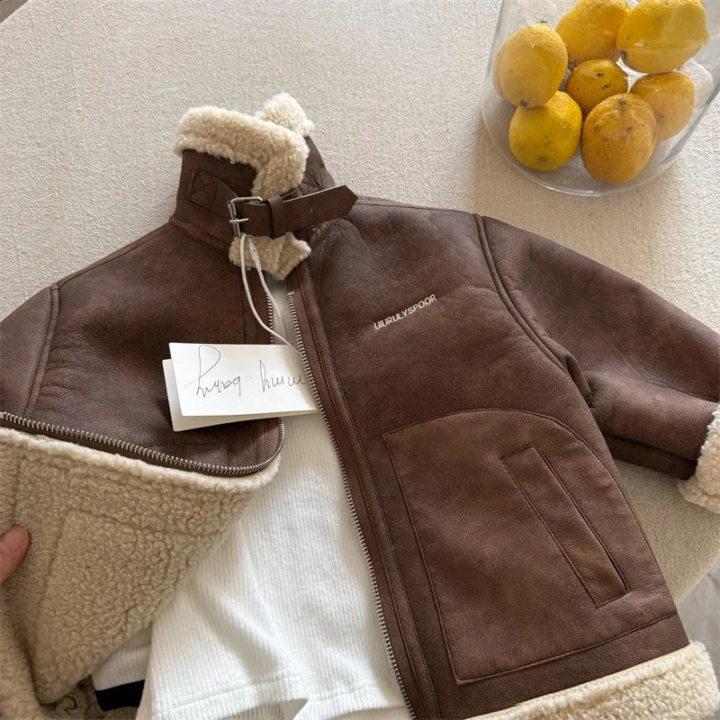 Childrens jacket winter boys and girls embroidered letter jacket baby standup collar fur jacket 251027