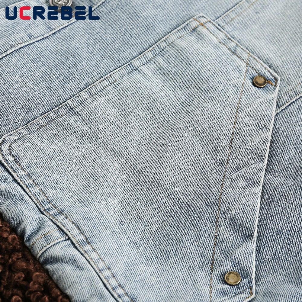 Sherpa Spliced Denim Padded Jacket Mens Pocket Winter High Street Washed Distressed Lapel Long Sleeve Thick Outerwear Man 251017