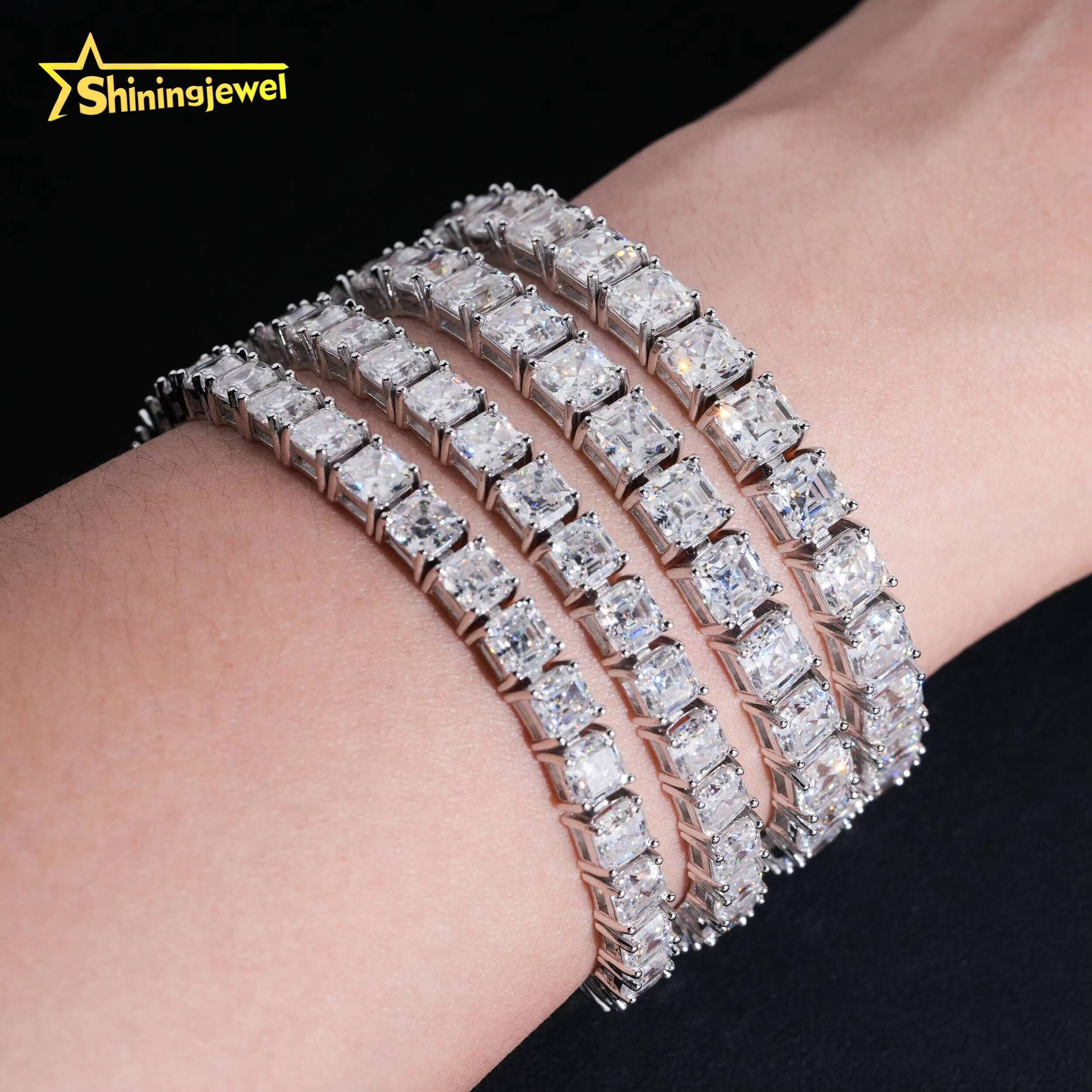 New Design Hip Hop Jewelry Luxury Bracelets Solid 925 Sterling Silver Asscher Cut 5MM 6MM Tennis Bracelet