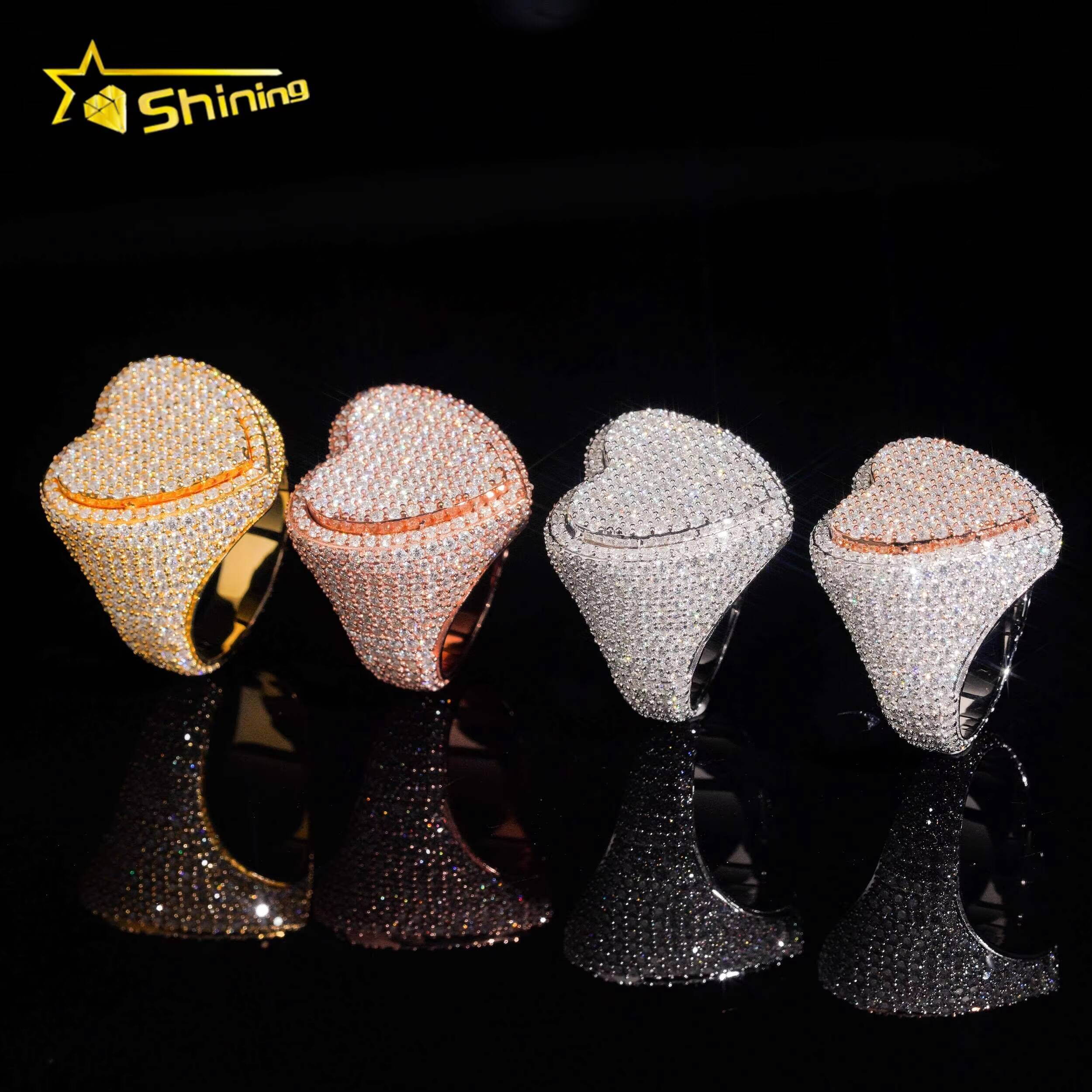 Heart ShapeIced Out Moissanite Ring GRA Pass Diamond Test 925 Sterling Silver Gold Plated Hip Hop Mens Rings