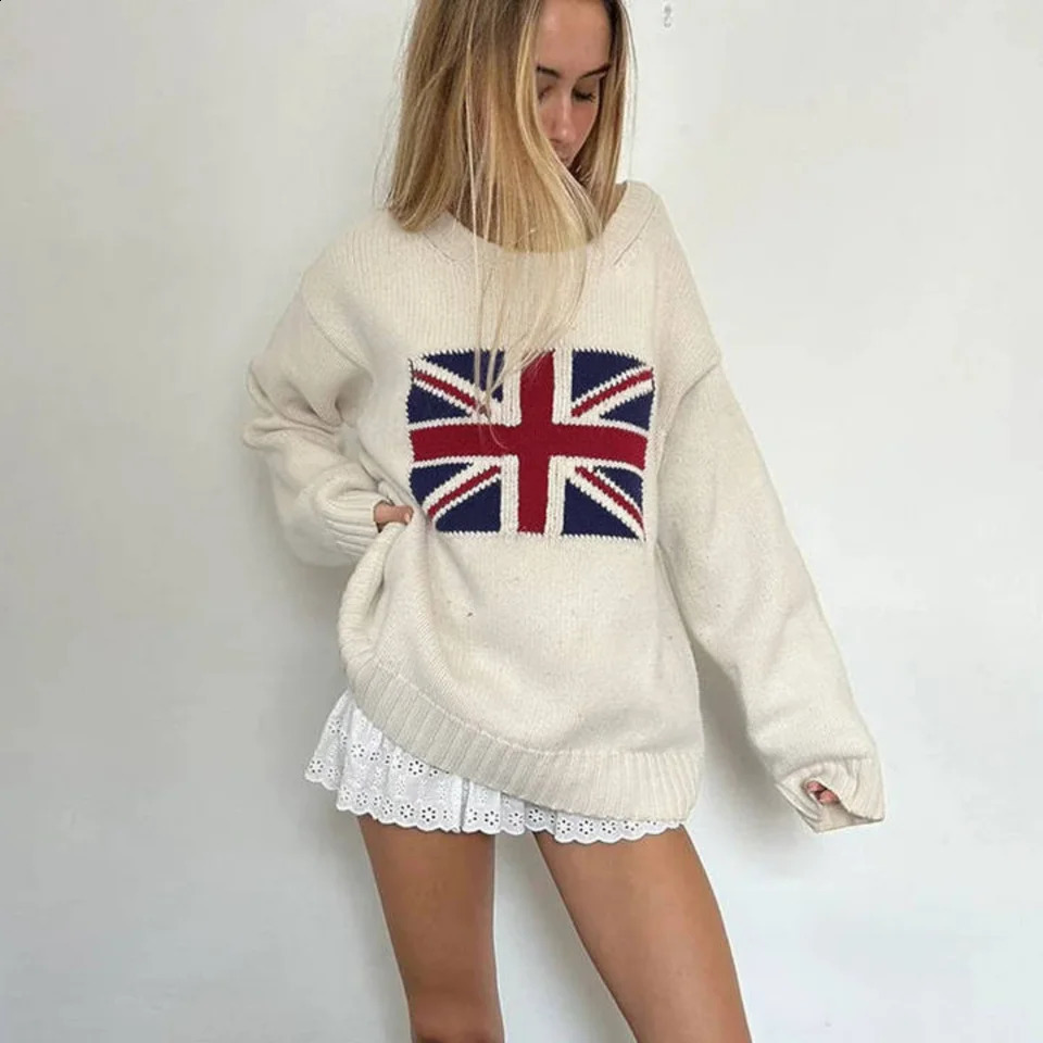 AutumnWinter European American British and American Rice Flag Knitted Sweater Womens Loose Large Round Neck Top 251027