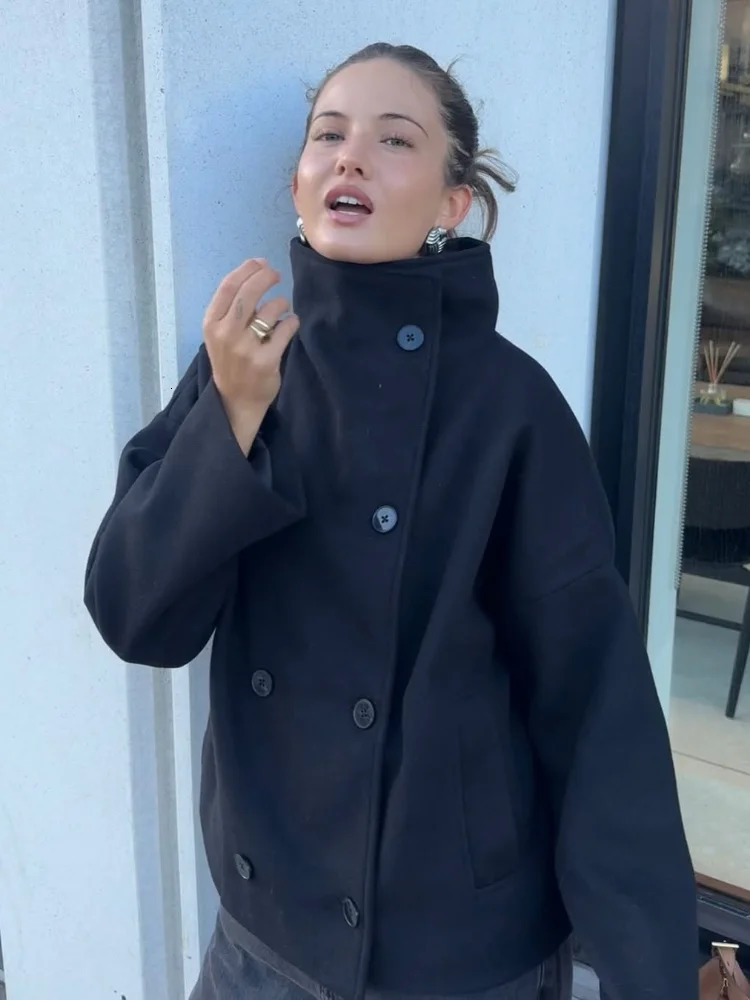 Street Solid Loose Womens Short Overcoat Stand Collar Long Sleeve Double Breasted Woolen Coat Fashion Allmatch Ladies Tops 251028
