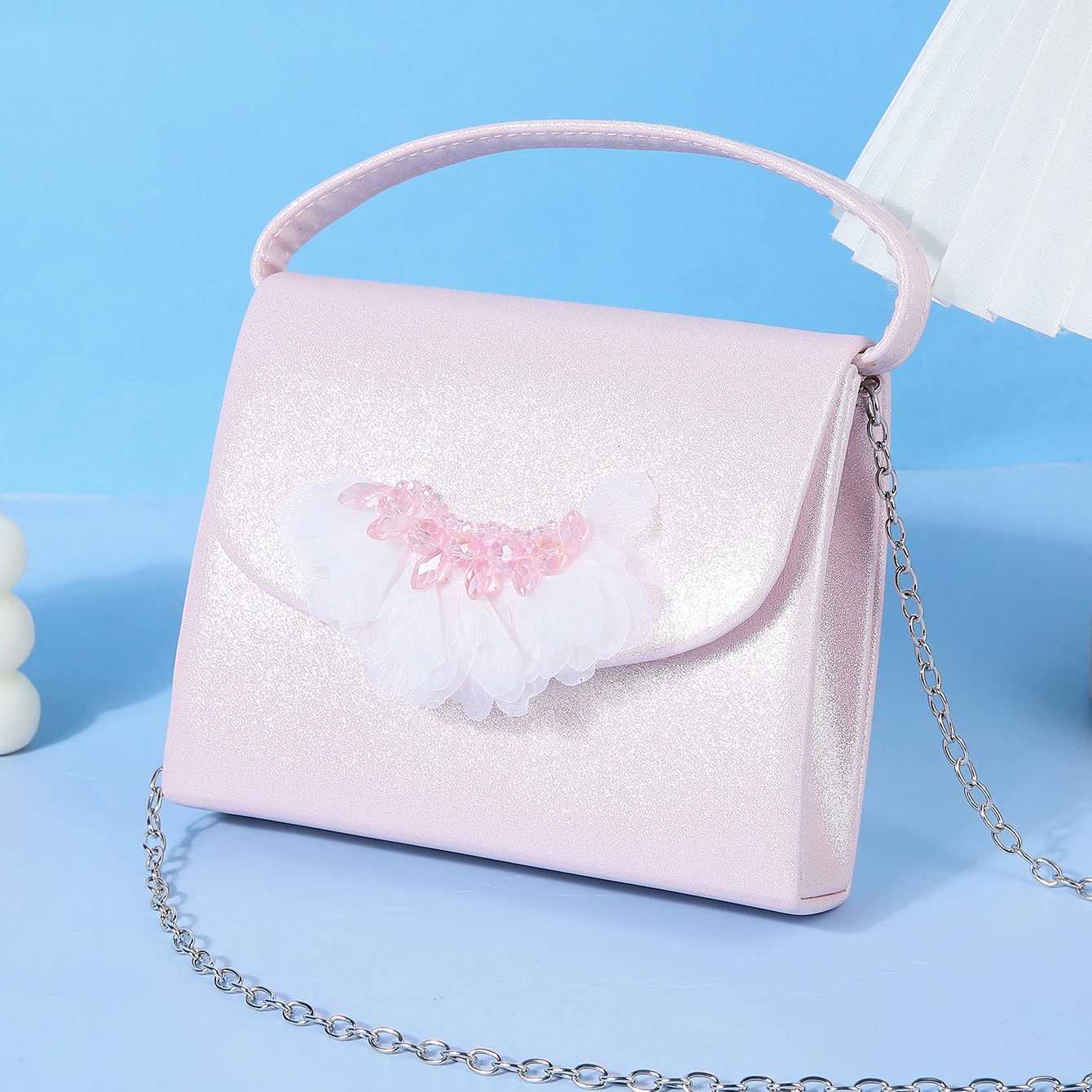 Pink Crystal Flower Handbag with Metal Chain Elegant Womens Shoulder Bag for Dinner Wedding Party Evening Dress Accessory H251027