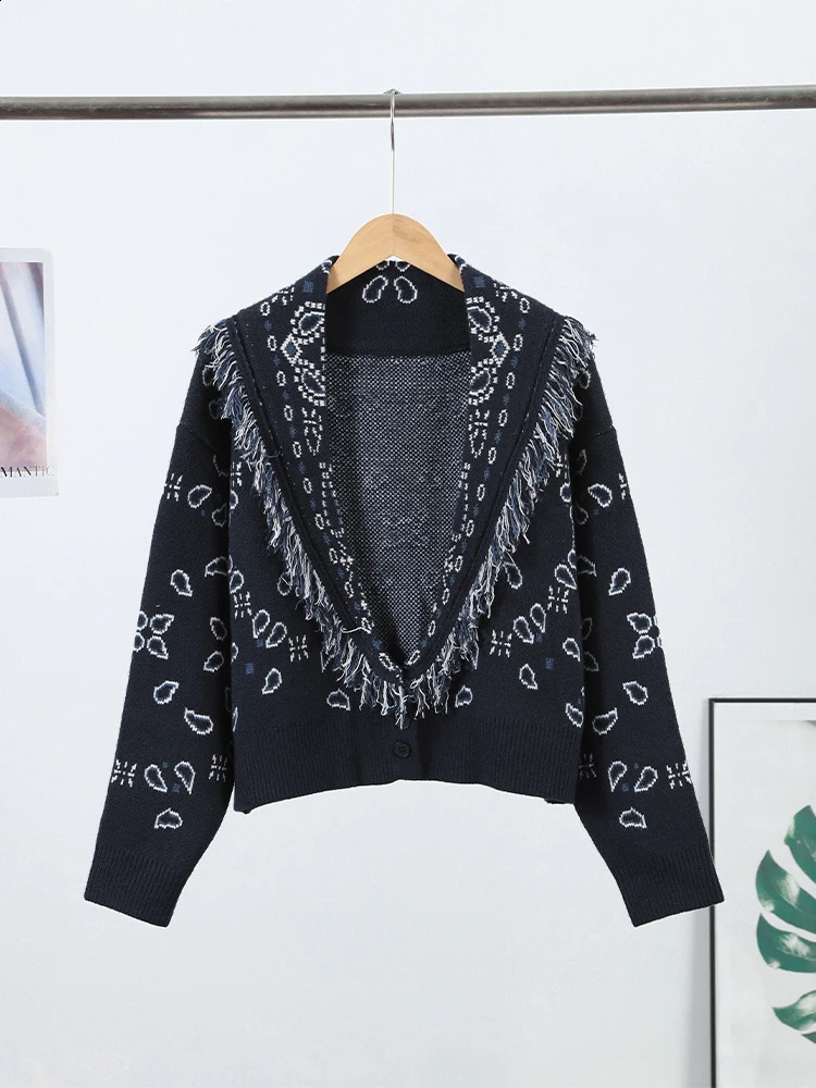 Tassel Patchwork Printed Cardigan Women Turndown Collar Long Sleeve Knitted Fashion Lady Sweater Vintage 2025 Autumn Cardigans 251015