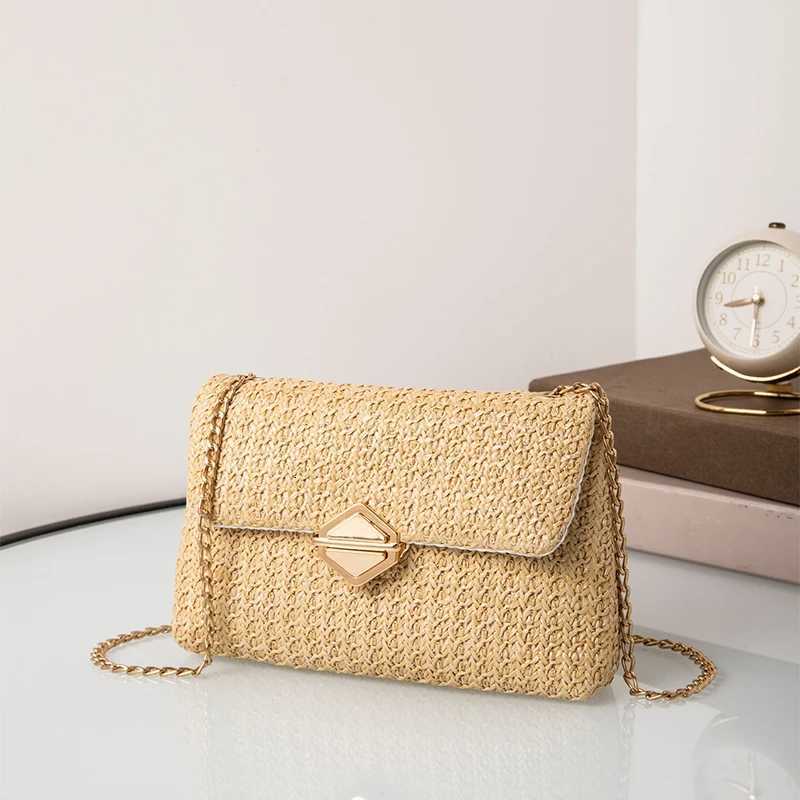 Buckle Closure Chain Crossbody Shoulder BagSweet Chic Raffia Woven Women Sling BagSolid Color Lightweight Beach Travel PurseT251028