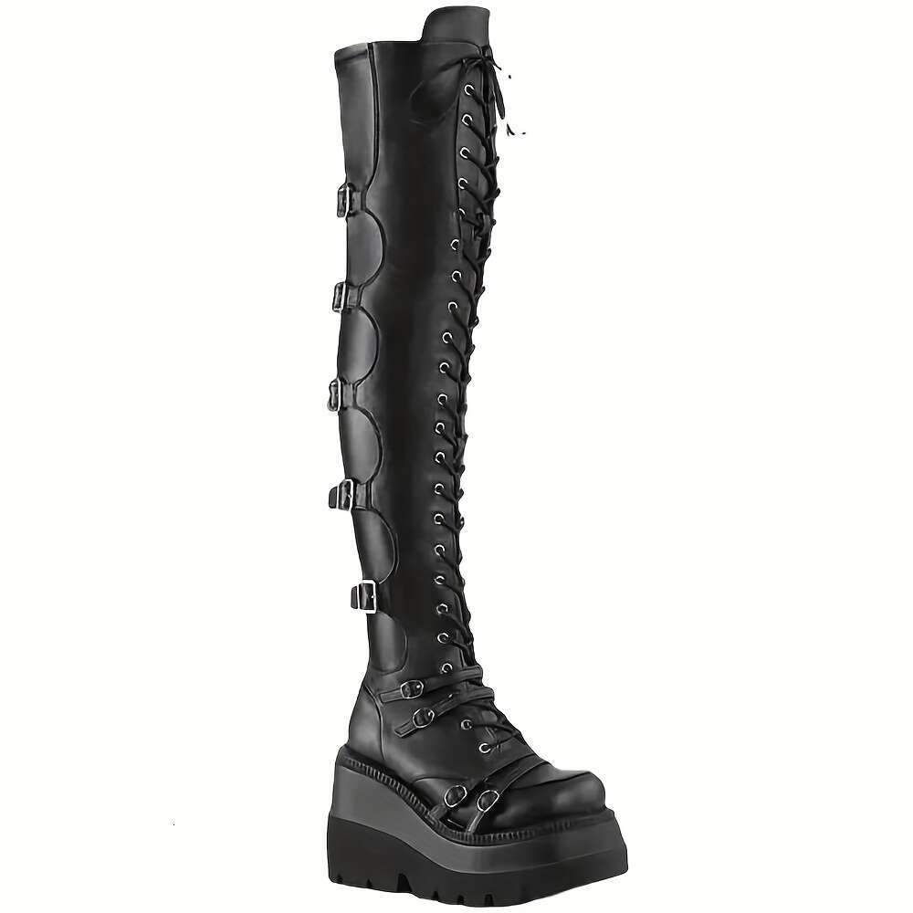 Women's Punk Platform Mid Heel Thigh High With Buckle Strap Closure, Non-Slip Rubber Sole Edgy Gothic Footwear For Cosplay, Clubbing, Motorcycle 