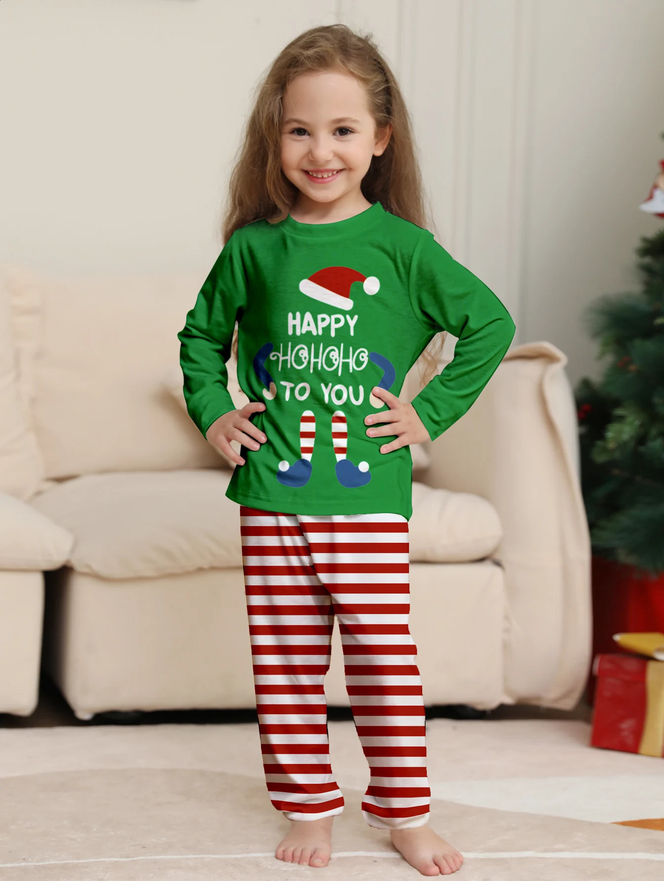 Christmas Family Sleepwear Set Elf Happy HoHoHo to You Green Top Red White Striped Pajamas for All Family Members 251027