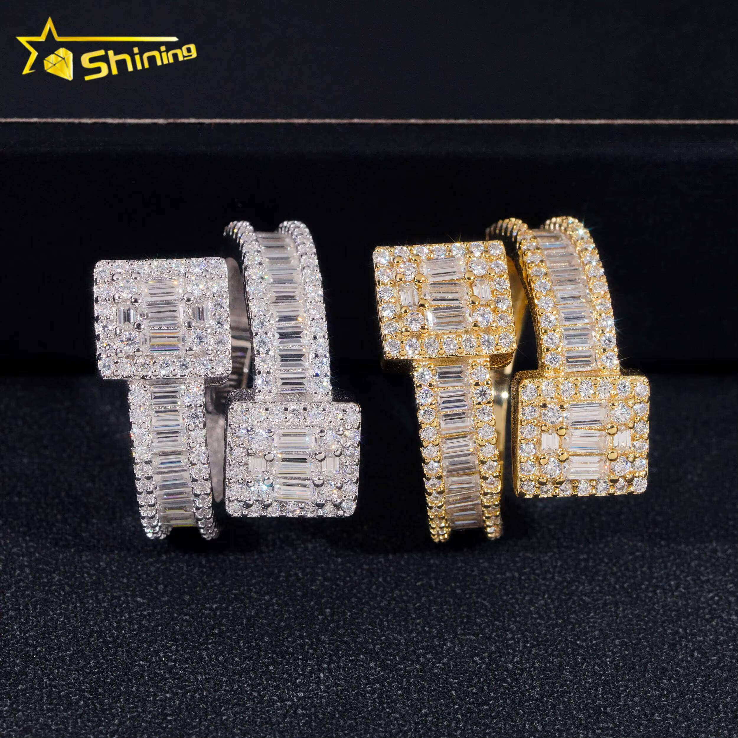 Fast Shipping Baguette Moissanite Mens Ring 925 Silver Iced Out Hip Hop Fine Jewelry Gold Plated Men Ring