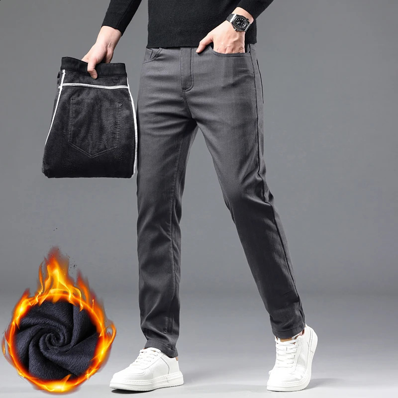 Winter Fleece Pants Mens Thick Slim Elastic Business Casual Velvet Warm Fashion Solid Color Plush Trousers Male 251027