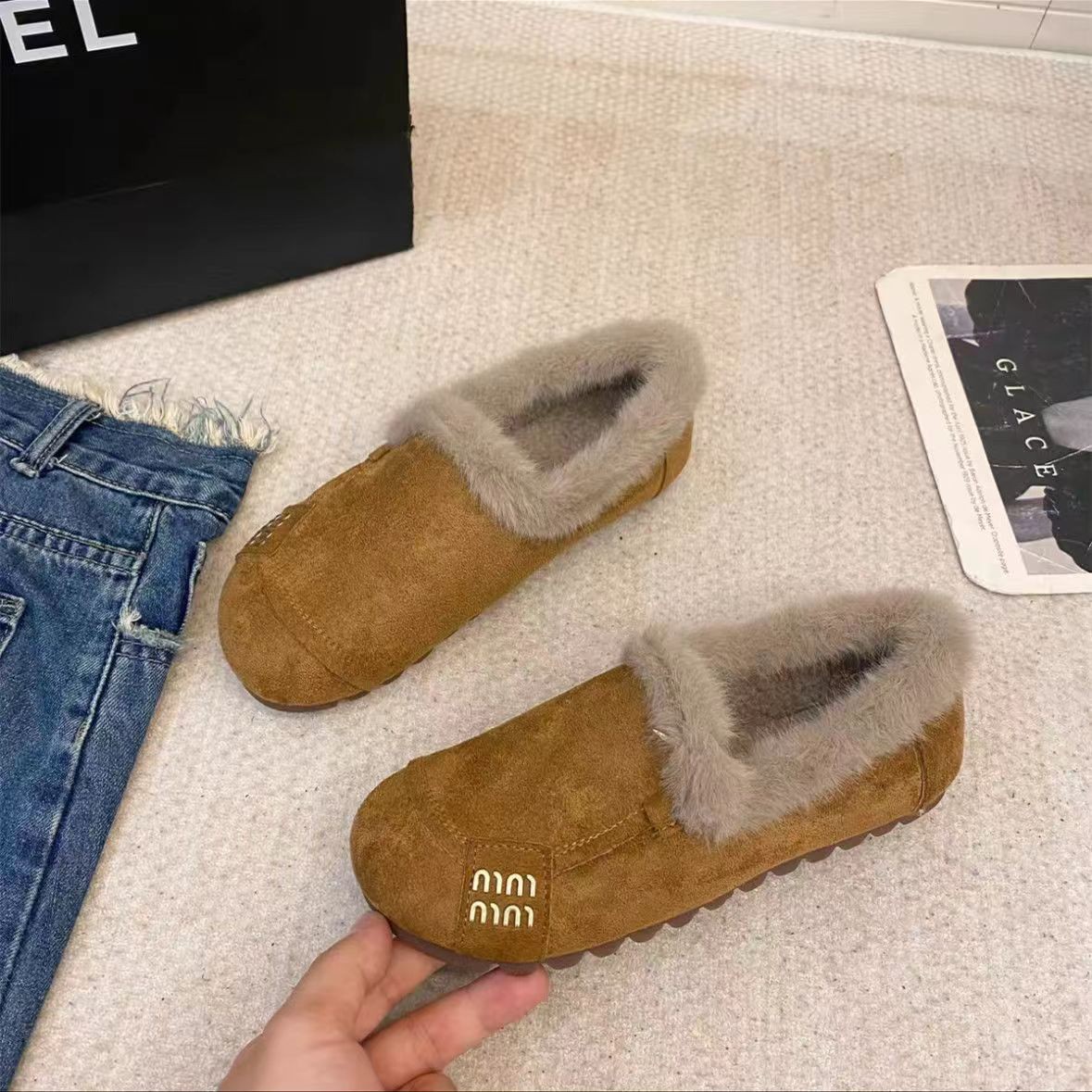 Free Shipping Women's Fleece-Lined Casual Shoes 2025s Fall/Winter New Arrival Outerwear Anti-Slip Low Heel Soft Sole Warm Cotton Boots Khaki Camel Brown