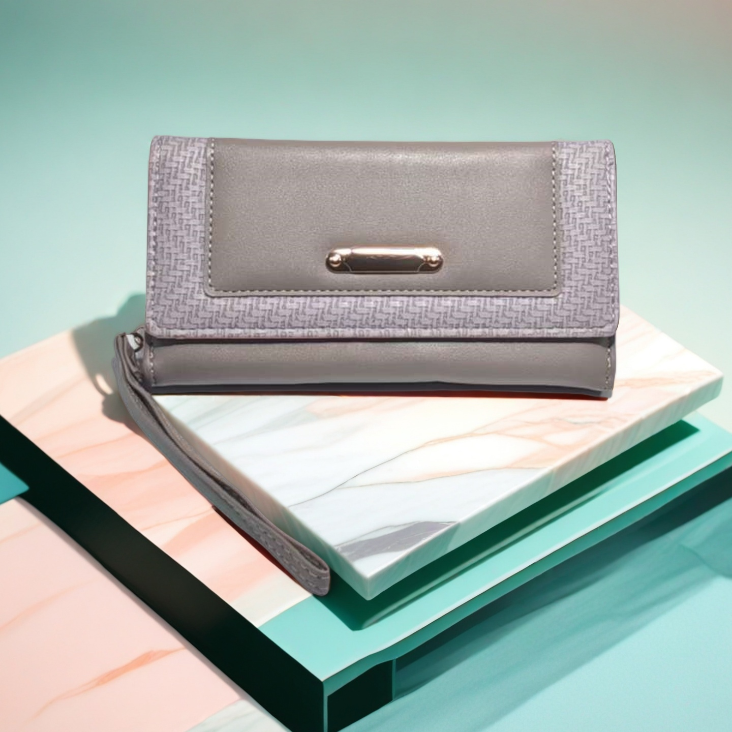 Wallets Women's Red Leather Clutch Wallet with Wristlet Strap - Textured Weave Detail, Gold Accent, Large Capacity Trifold Purse for Daily & Even