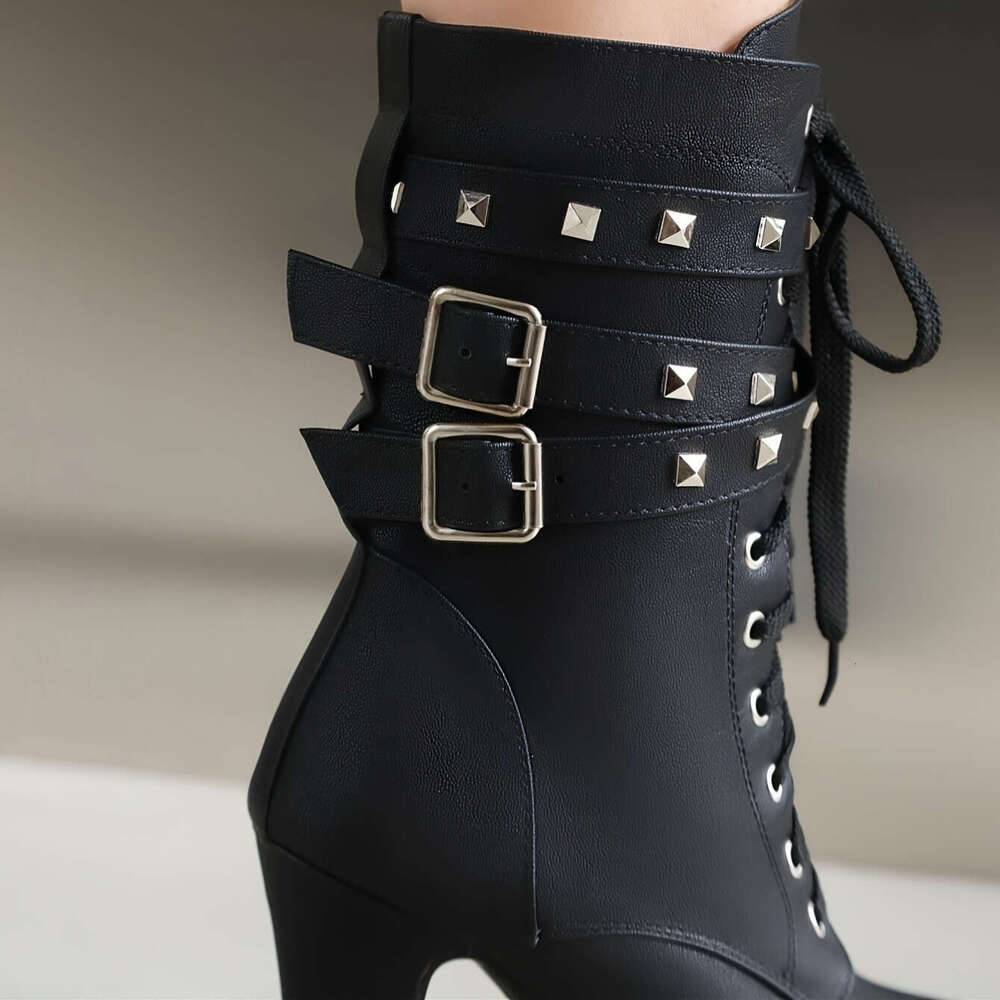 Women's Knee-High Boots, Fashion Punk Style, Round Toe, Lace-Up Closure, Block Heel, With Rivet Ankle Strap Detail, PU Upper, Superfine Fiber Lin