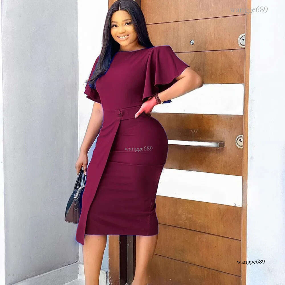 Summer Dresses for Women Round Neck Ruffle Sleeve Work Dress Casual Elegant Midi Robe Female Sexy Fashion Dress