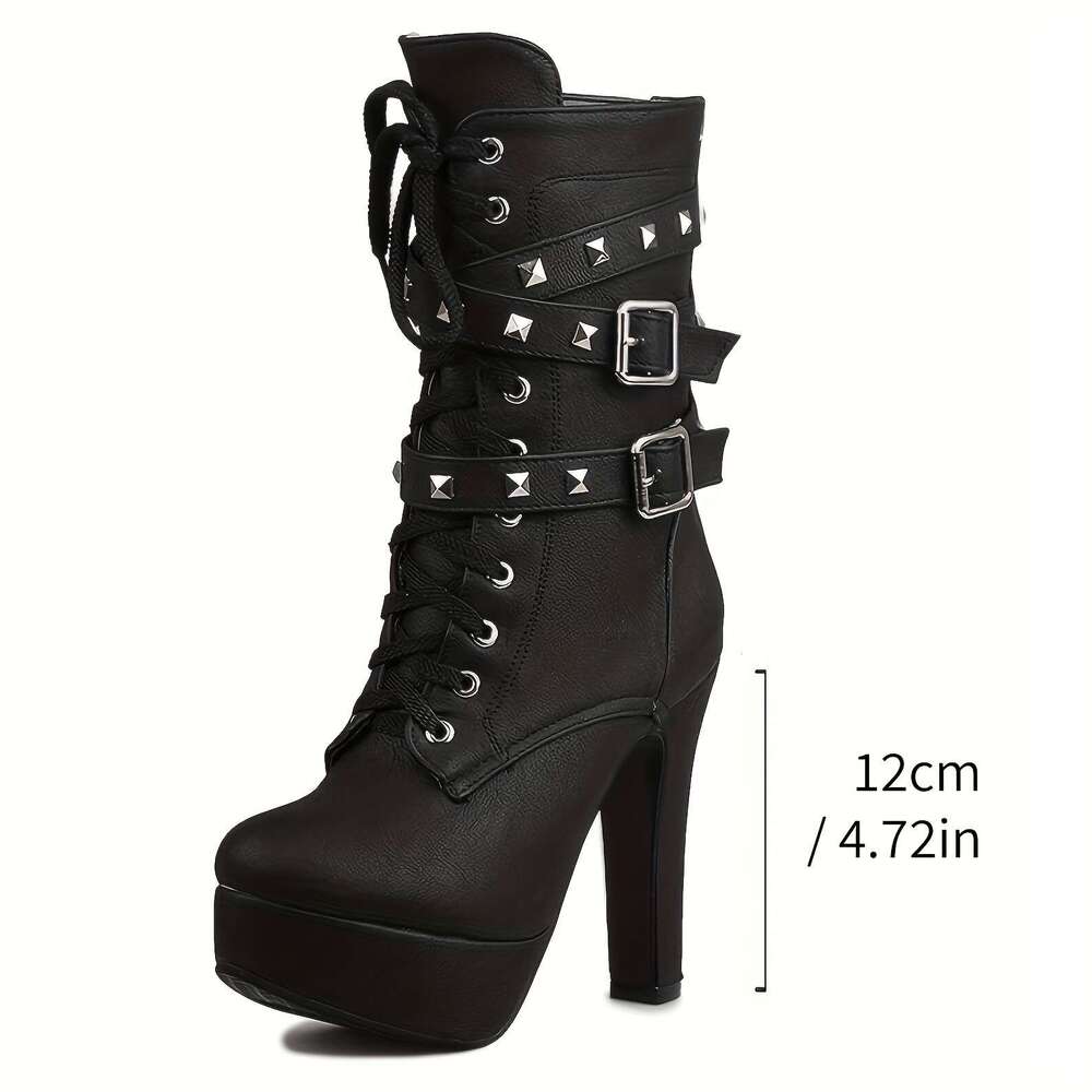 Decorative Boots| Stylish Women's Mid-Calf Platform With Lace-Up Closure, Sexy Round Toe, And Buckle Straps - Black PU Cover Heels For Fashionabl