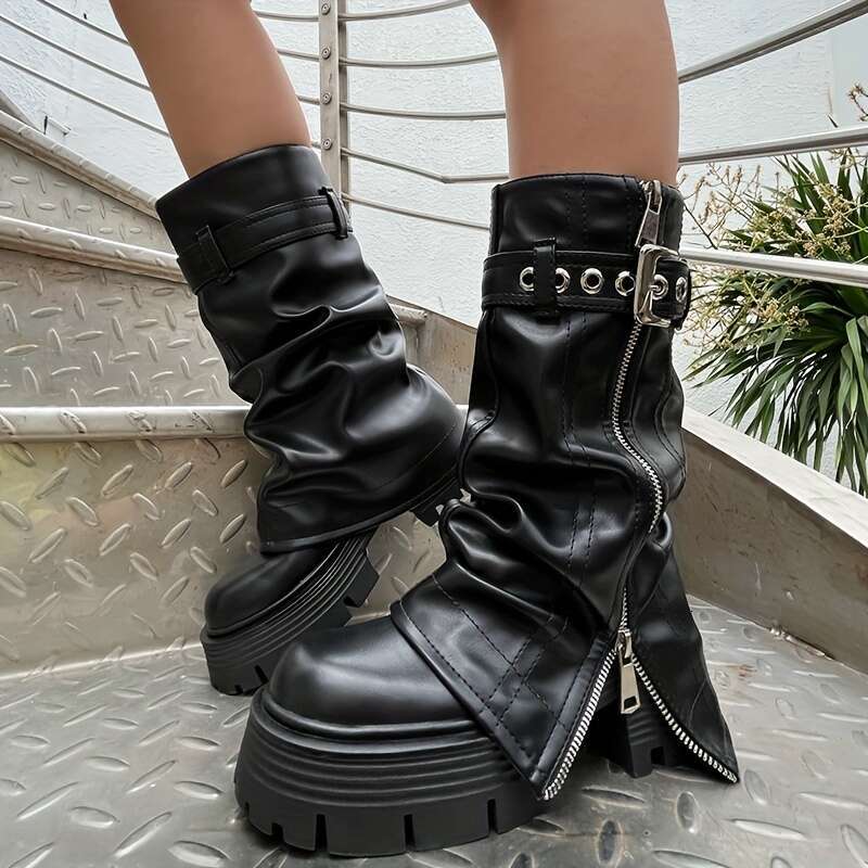 GOGD Women's European/American Style Fold Mid Calf Boots, Black, Round Toe, Platform Heel, Zipper, Chunky, Hand Washable, Solid Color, Short, Pul