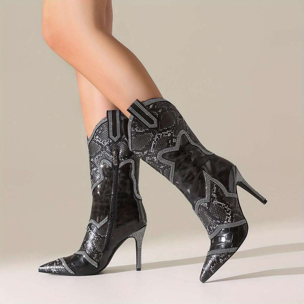 Women's Pointed Toe Heels Elegant Black Formal Party Boots With Zipper Closure, Slip-Resistant Synthetic Cover, Cushioned Insole For Weddings, Ev